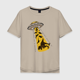 Мужская футболка хлопок Oversize с принтом НЛО похищает динозавров в Петрозаводске, 100% хлопок | свободный крой, круглый ворот, “спинка” длиннее передней части | nasa | дино | динозавры | летающая тарелка | наса | нло | пришельцы