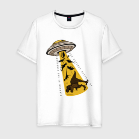 Мужская футболка хлопок с принтом НЛО похищает динозавров в Петрозаводске, 100% хлопок | прямой крой, круглый вырез горловины, длина до линии бедер, слегка спущенное плечо. | nasa | дино | динозавры | летающая тарелка | наса | нло | пришельцы