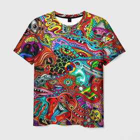 Мужская футболка 3D с принтом яркая абстракция bright abstraction в Кировске, 100% полиэфир | прямой крой, круглый вырез горловины, длина до линии бедер | 3d | абстракция | безумие | глаза | кислота | орнамент | узор