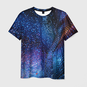 Мужская футболка 3D с принтом синяя чешуйчатая абстракция blue cosmos в Екатеринбурге, 100% полиэфир | прямой крой, круглый вырез горловины, длина до линии бедер | 3d | abstraction | blue | blue background | galaxy | glitter | neon | space | sparkles | stars | абстракция | блестки | галактика | глиттер | звезды | космос | неон | синий | синий фон