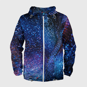 Мужская ветровка 3D с принтом синяя чешуйчатая абстракция blue cosmos в Белгороде, 100% полиэстер | подол и капюшон оформлены резинкой с фиксаторами, два кармана без застежек по бокам, один потайной карман на груди | 3d | abstraction | blue | blue background | galaxy | glitter | neon | space | sparkles | stars | абстракция | блестки | галактика | глиттер | звезды | космос | неон | синий | синий фон