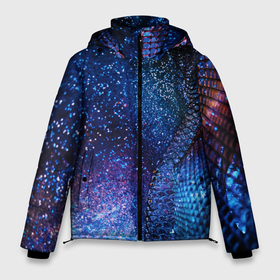 Мужская зимняя куртка 3D с принтом синяя чешуйчатая абстракция blue cosmos в Екатеринбурге, верх — 100% полиэстер; подкладка — 100% полиэстер; утеплитель — 100% полиэстер | длина ниже бедра, свободный силуэт Оверсайз. Есть воротник-стойка, отстегивающийся капюшон и ветрозащитная планка. 

Боковые карманы с листочкой на кнопках и внутренний карман на молнии. | 3d | abstraction | blue | blue background | galaxy | glitter | neon | space | sparkles | stars | абстракция | блестки | галактика | глиттер | звезды | космос | неон | синий | синий фон