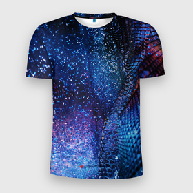 Мужская футболка 3D Slim с принтом синяя чешуйчатая абстракция blue cosmos в Белгороде, 100% полиэстер с улучшенными характеристиками | приталенный силуэт, круглая горловина, широкие плечи, сужается к линии бедра | 3d | abstraction | blue | blue background | galaxy | glitter | neon | space | sparkles | stars | абстракция | блестки | галактика | глиттер | звезды | космос | неон | синий | синий фон