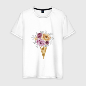 Мужская футболка хлопок с принтом МОРОЖЕННОЕ ИЗ ЦВЕТОВ | БУКЕТ , 100% хлопок | прямой крой, круглый вырез горловины, длина до линии бедер, слегка спущенное плечо. | icecream | айскрим | букет | из цветов | мороженное | розы | цветы