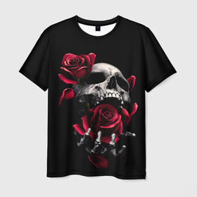 Мужская футболка 3D с принтом ЧЕРЕП И РОЗЫ в Санкт-Петербурге, 100% полиэфир | прямой крой, круглый вырез горловины, длина до линии бедер | death | flowers | horror | metal | rose | roses | skull | арт | зомби | кости | розы | скелет | цветы | череп | черный