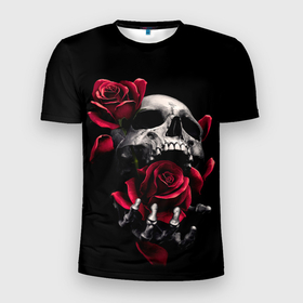 Мужская футболка 3D Slim с принтом ЧЕРЕП И РОЗЫ в Петрозаводске, 100% полиэстер с улучшенными характеристиками | приталенный силуэт, круглая горловина, широкие плечи, сужается к линии бедра | death | flowers | horror | metal | rose | roses | skull | арт | зомби | кости | розы | скелет | цветы | череп | черный