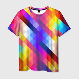 Мужская футболка 3D с принтом Пиксельная радуга в Новосибирске, 100% полиэфир | прямой крой, круглый вырез горловины, длина до линии бедер | аннотация | квадрат | пиксели | радуга | ромб | цвета