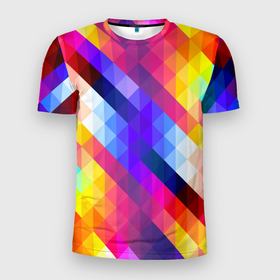 Мужская футболка 3D Slim с принтом Пиксельная радуга в Петрозаводске, 100% полиэстер с улучшенными характеристиками | приталенный силуэт, круглая горловина, широкие плечи, сужается к линии бедра | аннотация | квадрат | пиксели | радуга | ромб | цвета