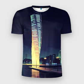Мужская футболка 3D Slim с принтом Ночной Город в Кировске, 100% полиэстер с улучшенными характеристиками | приталенный силуэт, круглая горловина, широкие плечи, сужается к линии бедра | архитектура | город | здания | ночной город