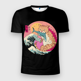 Мужская футболка 3D спортивная с принтом CATZILLA в Кировске, 100% полиэстер с улучшенными характеристиками | приталенный силуэт, круглая горловина, широкие плечи, сужается к линии бедра | cat | cats | catzilla | godzilla | japan | kaiju | neko | ninja | retro | samurai | shark | wave | yakuza | акула | волна | годзилла | кайдзю | катана | кот | котенок | котзилла | коты | котэ | котята | кошка | неко | ниндзя | ретро | самурай | якудза