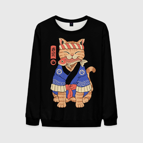 Мужской свитшот 3D с принтом Суши Мастер в Петрозаводске, 100% полиэстер с мягким внутренним слоем | круглый вырез горловины, мягкая резинка на манжетах и поясе, свободная посадка по фигуре | cat | cats | japan | master | ninja | samurai | sushi | yakuza | катана | кот | котенок | коты | котэ | котята | кошка | мастер | ниндзя | самурай | суши | якудза | япония