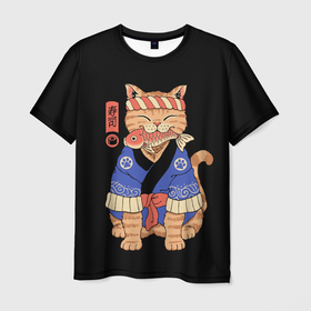 Мужская футболка 3D с принтом Суши Мастер , 100% полиэфир | прямой крой, круглый вырез горловины, длина до линии бедер | cat | cats | japan | master | ninja | samurai | sushi | yakuza | катана | кот | котенок | коты | котэ | котята | кошка | мастер | ниндзя | самурай | суши | якудза | япония