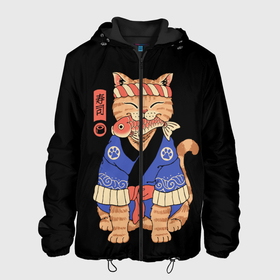 Мужская куртка 3D с принтом Суши Мастер в Кировске, ткань верха — 100% полиэстер, подклад — флис | прямой крой, подол и капюшон оформлены резинкой с фиксаторами, два кармана без застежек по бокам, один большой потайной карман на груди. Карман на груди застегивается на липучку | cat | cats | japan | master | ninja | samurai | sushi | yakuza | катана | кот | котенок | коты | котэ | котята | кошка | мастер | ниндзя | самурай | суши | якудза | япония