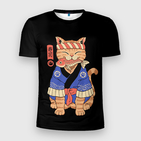 Мужская футболка 3D спортивная с принтом Суши Мастер в Белгороде, 100% полиэстер с улучшенными характеристиками | приталенный силуэт, круглая горловина, широкие плечи, сужается к линии бедра | cat | cats | japan | master | ninja | samurai | sushi | yakuza | катана | кот | котенок | коты | котэ | котята | кошка | мастер | ниндзя | самурай | суши | якудза | япония