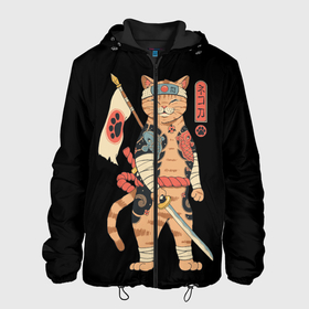 Мужская куртка 3D с принтом Shogun Cat в Белгороде, ткань верха — 100% полиэстер, подклад — флис | прямой крой, подол и капюшон оформлены резинкой с фиксаторами, два кармана без застежек по бокам, один большой потайной карман на груди. Карман на груди застегивается на липучку | Тематика изображения на принте: cat | cats | japan | ninja | samurai | shogun | yakuza | катана | кот | котенок | коты | котэ | котята | кошка | ниндзя | самурай | сёгун | якудза | япония