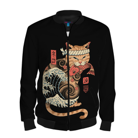 Мужской бомбер 3D с принтом Cat Wave в Екатеринбурге, 100% полиэстер | застегивается на молнию, по бокам два кармана без застежек, по низу бомбера и на воротнике - эластичная резинка | cat | cats | japan | ninja | samurai | shogun | wave | yakuza | волна | катана | кот | котенок | коты | котэ | котята | кошка | ниндзя | самурай | сёгун | якудза | япония