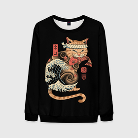 Мужской свитшот 3D с принтом Cat Wave , 100% полиэстер с мягким внутренним слоем | круглый вырез горловины, мягкая резинка на манжетах и поясе, свободная посадка по фигуре | Тематика изображения на принте: cat | cats | japan | ninja | samurai | shogun | wave | yakuza | волна | катана | кот | котенок | коты | котэ | котята | кошка | ниндзя | самурай | сёгун | якудза | япония