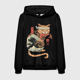 Мужская толстовка 3D с принтом Cat Wave в Новосибирске, 100% полиэстер | двухслойный капюшон со шнурком для регулировки, мягкие манжеты на рукавах и по низу толстовки, спереди карман-кенгуру с мягким внутренним слоем. | cat | cats | japan | ninja | samurai | shogun | wave | yakuza | волна | катана | кот | котенок | коты | котэ | котята | кошка | ниндзя | самурай | сёгун | якудза | япония