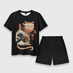 Мужской костюм с шортами 3D с принтом Cat Wave в Екатеринбурге,  |  | cat | cats | japan | ninja | samurai | shogun | wave | yakuza | волна | катана | кот | котенок | коты | котэ | котята | кошка | ниндзя | самурай | сёгун | якудза | япония