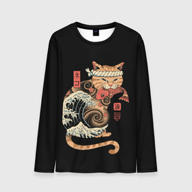 Мужской лонгслив 3D с принтом Cat Wave в Белгороде, 100% полиэстер | длинные рукава, круглый вырез горловины, полуприлегающий силуэт | cat | cats | japan | ninja | samurai | shogun | wave | yakuza | волна | катана | кот | котенок | коты | котэ | котята | кошка | ниндзя | самурай | сёгун | якудза | япония