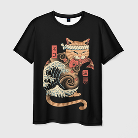 Мужская футболка 3D с принтом Cat Wave в Белгороде, 100% полиэфир | прямой крой, круглый вырез горловины, длина до линии бедер | Тематика изображения на принте: cat | cats | japan | ninja | samurai | shogun | wave | yakuza | волна | катана | кот | котенок | коты | котэ | котята | кошка | ниндзя | самурай | сёгун | якудза | япония