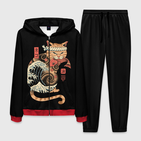 Мужской костюм 3D с принтом Cat Wave в Курске, 100% полиэстер | Манжеты и пояс оформлены тканевой резинкой, двухслойный капюшон со шнурком для регулировки, карманы спереди | Тематика изображения на принте: cat | cats | japan | ninja | samurai | shogun | wave | yakuza | волна | катана | кот | котенок | коты | котэ | котята | кошка | ниндзя | самурай | сёгун | якудза | япония