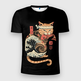 Мужская футболка 3D спортивная с принтом Cat Wave в Курске, 100% полиэстер с улучшенными характеристиками | приталенный силуэт, круглая горловина, широкие плечи, сужается к линии бедра | Тематика изображения на принте: cat | cats | japan | ninja | samurai | shogun | wave | yakuza | волна | катана | кот | котенок | коты | котэ | котята | кошка | ниндзя | самурай | сёгун | якудза | япония