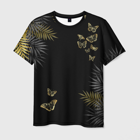 Мужская футболка 3D с принтом ЗОЛОТЫЕ БАБОЧКИ И ПАПОРОТНИК в Курске, 100% полиэфир | прямой крой, круглый вырез горловины, длина до линии бедер | бабочки | золото | золотые | золотые бабочки | каникулы | лето | мухи | насекомые | отдых | папоротник | светлячки | юг