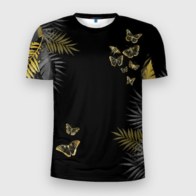 Мужская футболка 3D спортивная с принтом ЗОЛОТЫЕ БАБОЧКИ И ПАПОРОТНИК в Белгороде, 100% полиэстер с улучшенными характеристиками | приталенный силуэт, круглая горловина, широкие плечи, сужается к линии бедра | бабочки | золото | золотые | золотые бабочки | каникулы | лето | мухи | насекомые | отдых | папоротник | светлячки | юг