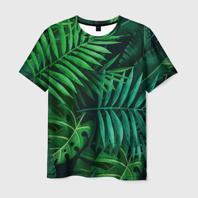 Мужская футболка 3D с принтом Сочные тропики в Петрозаводске, 100% полиэфир | прямой крой, круглый вырез горловины, длина до линии бедер | Тематика изображения на принте: заросли | кусты | лето | листья | пальма | тропики. зелень