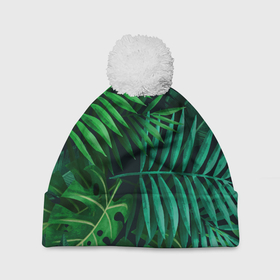 Шапка 3D c помпоном с принтом Сочные тропики в Петрозаводске, 100% полиэстер | универсальный размер, печать по всей поверхности изделия | заросли | кусты | лето | листья | пальма | тропики. зелень