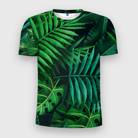 Мужская футболка 3D спортивная с принтом Сочные тропики в Петрозаводске, 100% полиэстер с улучшенными характеристиками | приталенный силуэт, круглая горловина, широкие плечи, сужается к линии бедра | Тематика изображения на принте: заросли | кусты | лето | листья | пальма | тропики. зелень