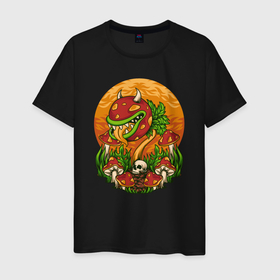 Мужская футболка хлопок с принтом Растение-убийца в Тюмени, 100% хлопок | прямой крой, круглый вырез горловины, длина до линии бедер, слегка спущенное плечо. | гриб | дьябло | дьявол | монстр | растение | рога | сатана | цветок | череп