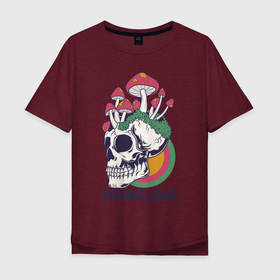 Мужская футболка хлопок Oversize с принтом Череп и грибы в Тюмени, 100% хлопок | свободный крой, круглый ворот, “спинка” длиннее передней части | грибы | мох | мухоморы | поганки | психоделика | скелет | череп