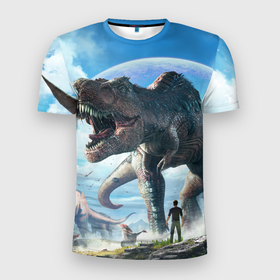 Мужская футболка 3D спортивная с принтом Ark Survival Evolved в Тюмени, 100% полиэстер с улучшенными характеристиками | приталенный силуэт, круглая горловина, широкие плечи, сужается к линии бедра | ark | ark survival | dino | t rex | арк | арк сурвайвал | дино | динозавр | динозавры | спинозавр | тираннозавр