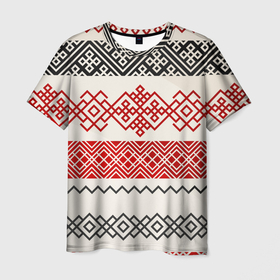 Мужская футболка 3D с принтом Славянский узор красно черный в Екатеринбурге, 100% полиэфир | прямой крой, круглый вырез горловины, длина до линии бедер | линии | славяне | славянский узор | текстуры | угор
