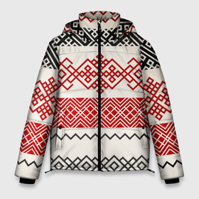 Мужская зимняя куртка 3D с принтом Славянский узор красно-черный в Новосибирске, верх — 100% полиэстер; подкладка — 100% полиэстер; утеплитель — 100% полиэстер | длина ниже бедра, свободный силуэт Оверсайз. Есть воротник-стойка, отстегивающийся капюшон и ветрозащитная планка. 

Боковые карманы с листочкой на кнопках и внутренний карман на молнии. | линии | славяне | славянский узор | текстуры | угор