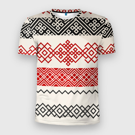 Мужская футболка 3D Slim с принтом Славянский узор красно черный в Екатеринбурге, 100% полиэстер с улучшенными характеристиками | приталенный силуэт, круглая горловина, широкие плечи, сужается к линии бедра | линии | славяне | славянский узор | текстуры | угор