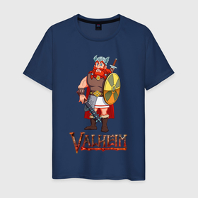 Мужская футболка хлопок с принтом Викинг с щитом в Екатеринбурге, 100% хлопок | прямой крой, круглый вырез горловины, длина до линии бедер, слегка спущенное плечо. | fantasy | mmo | valheim | valve | валхейм | вальхейм | викинги | выживалка | игра | королевская битва | ммо | ролевая игра | фэнтази