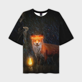 Мужская футболка oversize 3D с принтом Лиса с огненной короной в Тюмени,  |  | fox | foxy | животное | звери | лиса | лисенок | лисичка | милая | рыжая | фокс