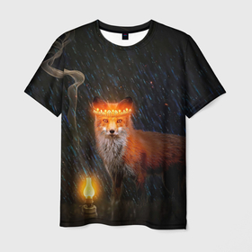 Мужская футболка 3D с принтом Лиса с огненной короной в Белгороде, 100% полиэфир | прямой крой, круглый вырез горловины, длина до линии бедер | fox | foxy | животное | звери | лиса | лисенок | лисичка | милая | рыжая | фокс