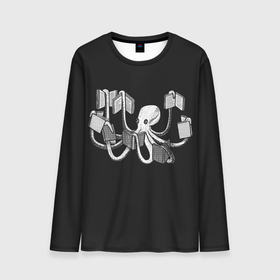 Мужской лонгслив 3D с принтом Octopus Book в Новосибирске, 100% полиэстер | длинные рукава, круглый вырез горловины, полуприлегающий силуэт | Тематика изображения на принте: black | book | books | dual | knowledge | octopus | study | white | белое | знания | книга | книги | книжный | осьминог | черно белое | черное