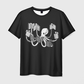 Мужская футболка 3D с принтом Octopus Book в Новосибирске, 100% полиэфир | прямой крой, круглый вырез горловины, длина до линии бедер | Тематика изображения на принте: black | book | books | dual | knowledge | octopus | study | white | белое | знания | книга | книги | книжный | осьминог | черно белое | черное