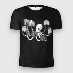 Мужская футболка 3D спортивная с принтом Octopus Book в Екатеринбурге, 100% полиэстер с улучшенными характеристиками | приталенный силуэт, круглая горловина, широкие плечи, сужается к линии бедра | black | book | books | dual | knowledge | octopus | study | white | белое | знания | книга | книги | книжный | осьминог | черно белое | черное