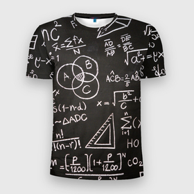 Мужская футболка 3D спортивная с принтом Математические уравнения в Новосибирске, 100% полиэстер с улучшенными характеристиками | приталенный силуэт, круглая горловина, широкие плечи, сужается к линии бедра | математика | примеры | уравнение | формулы | школа | школьная доска