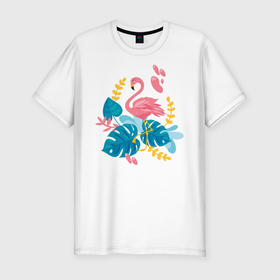 Мужская футболка хлопок Slim с принтом фламинго , 92% хлопок, 8% лайкра | приталенный силуэт, круглый вырез ворота, длина до линии бедра, короткий рукав | Тематика изображения на принте: flamingo | птицы | розовый | фламинго