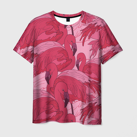 Мужская футболка 3D с принтом розовые фламинго , 100% полиэфир | прямой крой, круглый вырез горловины, длина до линии бедер | flamingo | птицы | розовый | фламинго