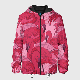 Мужская куртка 3D с принтом розовые фламинго в Санкт-Петербурге, ткань верха — 100% полиэстер, подклад — флис | прямой крой, подол и капюшон оформлены резинкой с фиксаторами, два кармана без застежек по бокам, один большой потайной карман на груди. Карман на груди застегивается на липучку | Тематика изображения на принте: flamingo | птицы | розовый | фламинго