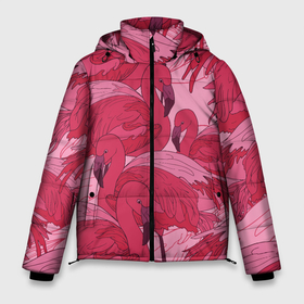 Мужская зимняя куртка 3D с принтом розовые фламинго в Санкт-Петербурге, верх — 100% полиэстер; подкладка — 100% полиэстер; утеплитель — 100% полиэстер | длина ниже бедра, свободный силуэт Оверсайз. Есть воротник-стойка, отстегивающийся капюшон и ветрозащитная планка. 

Боковые карманы с листочкой на кнопках и внутренний карман на молнии. | Тематика изображения на принте: flamingo | птицы | розовый | фламинго