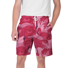 Мужские шорты 3D с принтом розовые фламинго в Санкт-Петербурге,  полиэстер 100% | прямой крой, два кармана без застежек по бокам. Мягкая трикотажная резинка на поясе, внутри которой широкие завязки. Длина чуть выше колен | Тематика изображения на принте: flamingo | птицы | розовый | фламинго